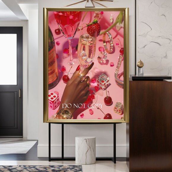 Abstract Whiskey Art Print 11x17 - Red & Pink Modern Art in Black Frame - Picture 2 of 8
